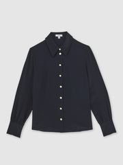 Silk Embossed-Button Shirt Navy | Womens