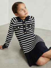 9-13 yrs Button-Detail Stripe Knitted Dress Navy/White | Children