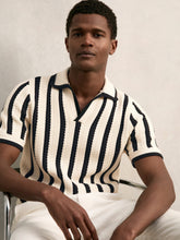 Cotton Blend Stripe Knit Polo Shirt Off White/Navy | Mens