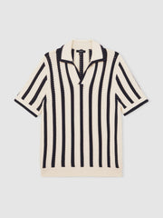 Cotton Blend Stripe Knit Polo Shirt Off White/Navy | Mens