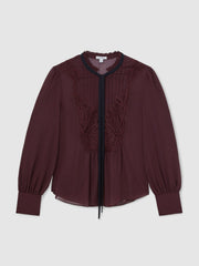 Lace-Embroidered Tie-Neck Shirt Burgundy | Womens