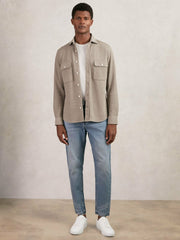 Textured Twin Pocket Cotton Blend Overshirt Oatmeal Brown Melange | Mens