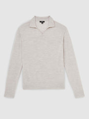 Merino Wool Open-Collar Polo Shirt Wicker Brown Melange | Mens