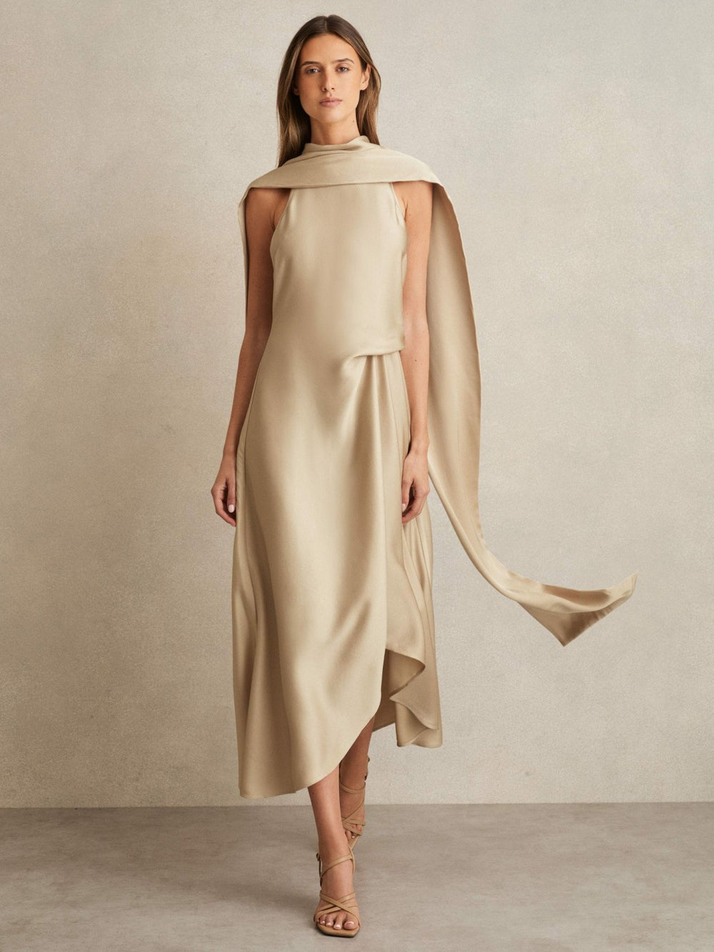 Satin Tuck-Detail Cape Midi Dress Champagne Neutral | Womens