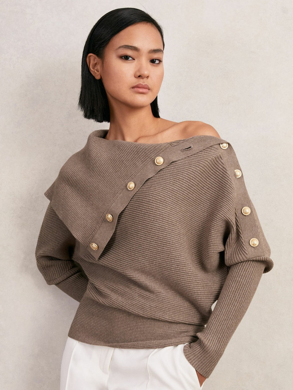 Rib-Knit Button Shawl Jumper Taupe | Womens