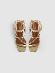 Leather Metallic Strappy Heeled Sandals Gold | Womens