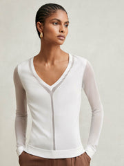 Sheer-Detail V-Neck Top White | Womens