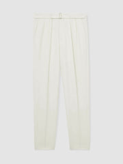 Wool-Blend Belted Pleated Trousers Regular-Fit White | Mens