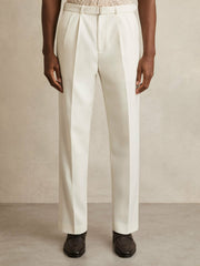 Wool-Blend Belted Pleated Trousers Regular-Fit White | Mens