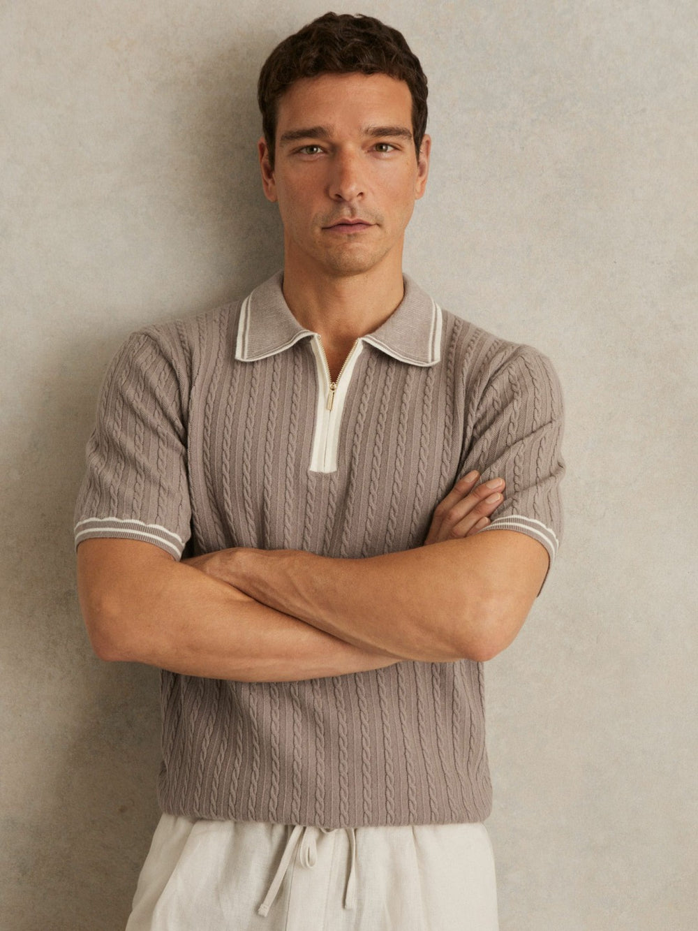 Micro-Cable Half-Zip Polo Shirt Light Taupe Brown | Mens
