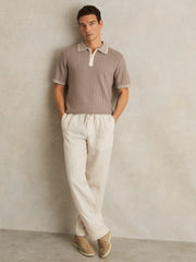 Micro-Cable Half-Zip Polo Shirt Light Taupe Brown | Mens