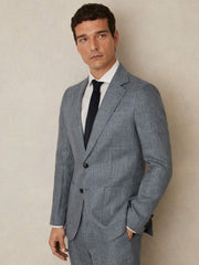 Slim Fit Single Breasted Linen Check Suit Blazer Soft Blue | Mens