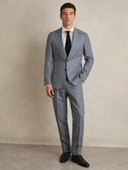 Slim Fit Single Breasted Linen Check Suit Blazer Soft Blue | Mens