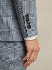 Slim Fit Single Breasted Linen Check Suit Blazer Soft Blue | Mens