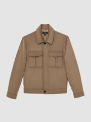 Wool Blend Twin Pocket Zipped Jacket Dark Brown | Mens