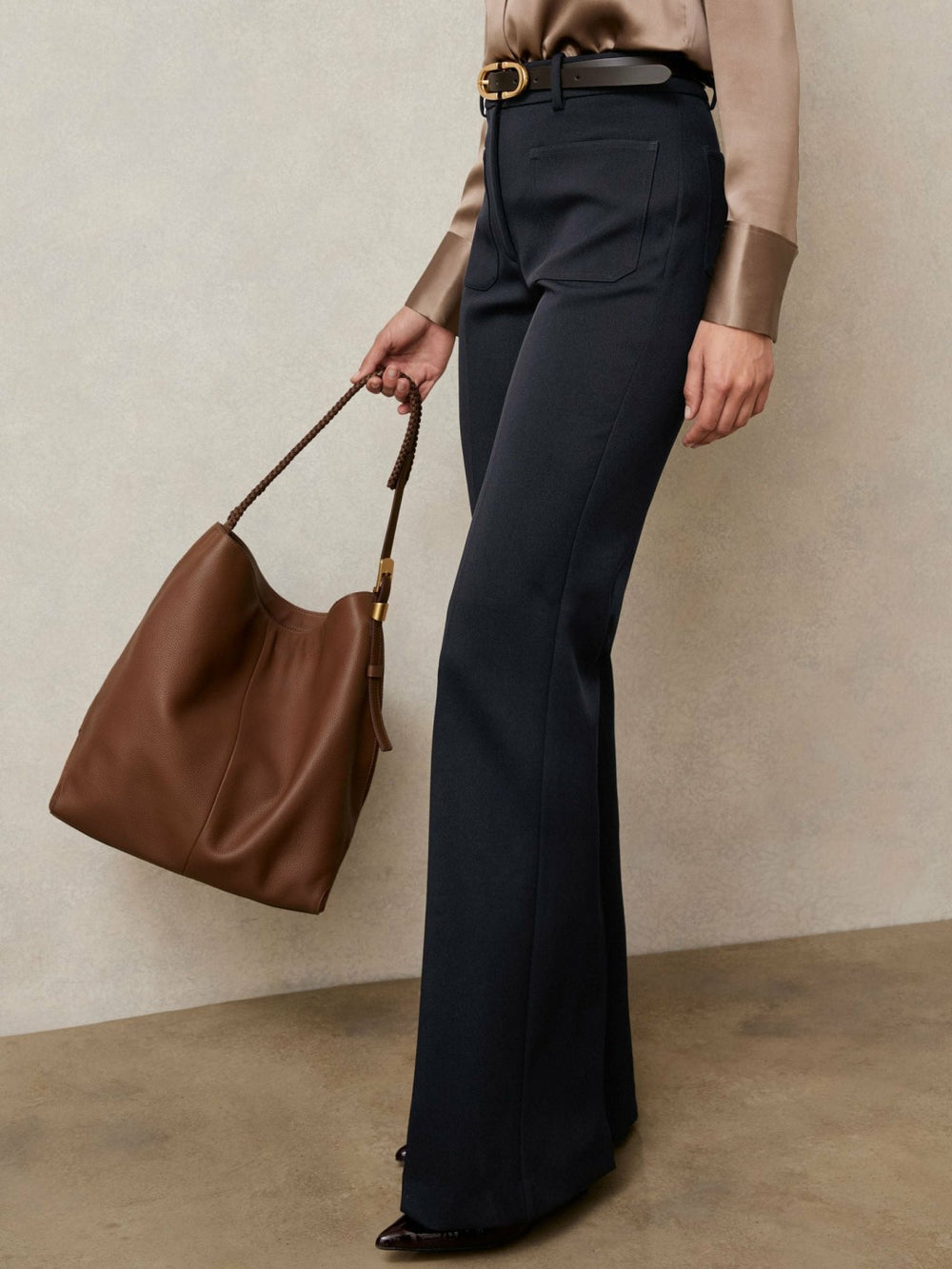 Petite Twill Patch-Pocket Flared Trousers Navy | Womens