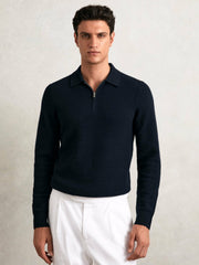 Wool Waffle-Knit Half-Zip Polo Shirt Navy | Mens