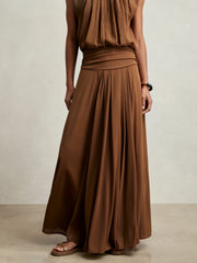 Jersey Ruched-Waist Maxi Skirt Tan Brown | Womens