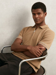 Textured Half-Zip Tipped Polo Shirt Camel | Mens