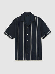 Piped-Stripe Cuban-Collar Shirt Navy/White | Mens
