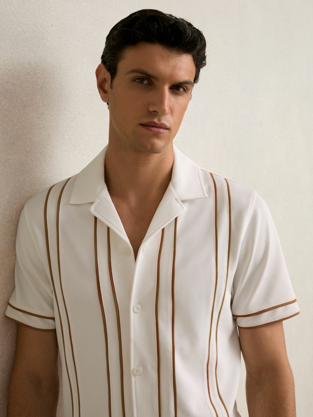 Piped-Stripe Cuban-Collar Shirt White/Camel | Mens