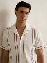 Piped-Stripe Cuban-Collar Shirt White/Camel | Mens