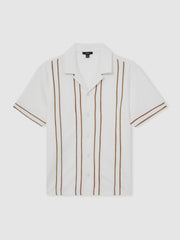 Piped-Stripe Cuban-Collar Shirt White/Camel | Mens