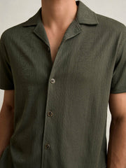 Jacquard-Stripe Cuban-Collar Shirt Dark Green | Mens