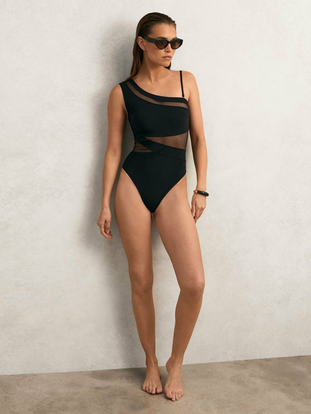 One Shoulder Mesh Panel Swimsuit Black | Womens