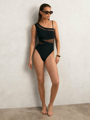 One Shoulder Mesh Panel Swimsuit Black | Womens