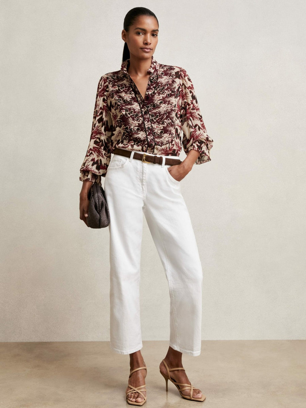 Abstract-Print Ruffle-Neck Shirt Burgundy/Cream | Womens