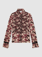 Abstract-Print Ruffle-Neck Shirt Burgundy/Cream | Womens