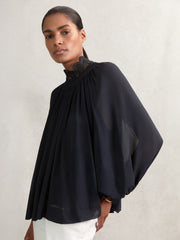 Lace-Trim Draped Chiffon Top Navy | Womens