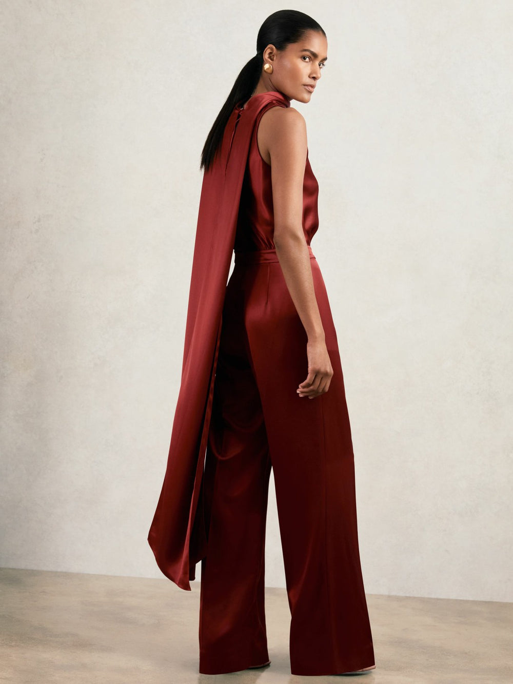 Petite Satin Cape-Sash Jumpsuit Dark Red | Womens