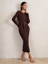Buttoned Rib-Knit Midi Dress Burgundy | Womens