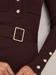 Buttoned Rib-Knit Midi Dress Burgundy | Womens
