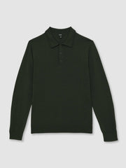 Merino Wool Long-Sleeve Polo Shirt Dark Military Green | Mens