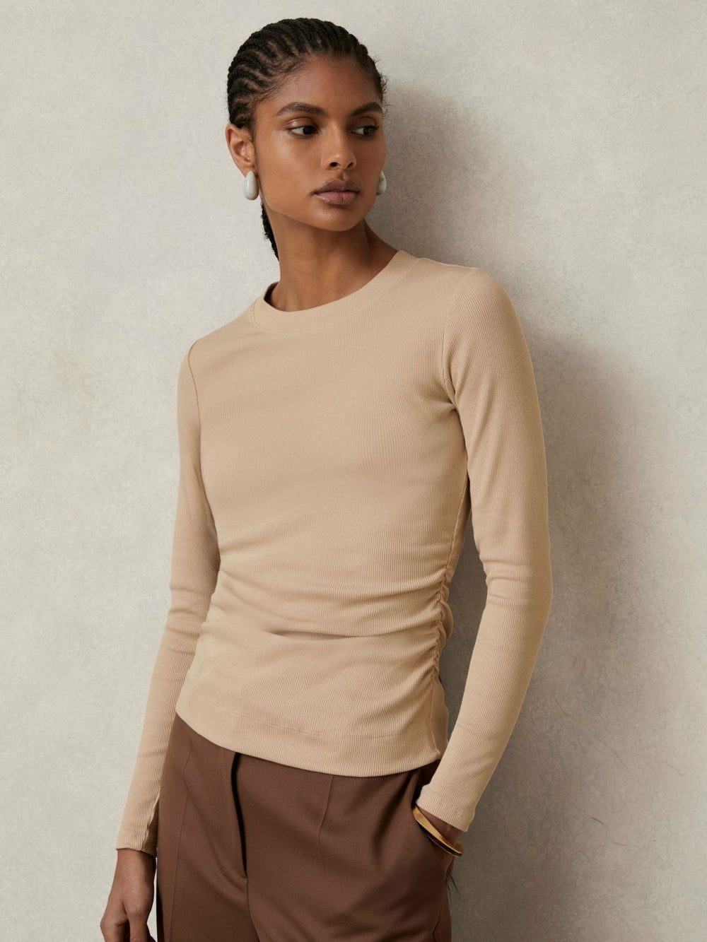 Cotton Long-Sleeve Ruched T-Shirt with Stretch Camel | Womens