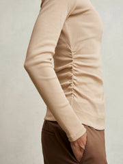 Cotton Long-Sleeve Ruched T-Shirt with Stretch Camel | Womens