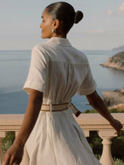 Linen Belted Midi Shirt Dress Ivory | Womens