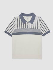 13-14 yrs Cotton Stripe Knit Half-Zip Polo Shirt Off White/ Airforce Blue | Children