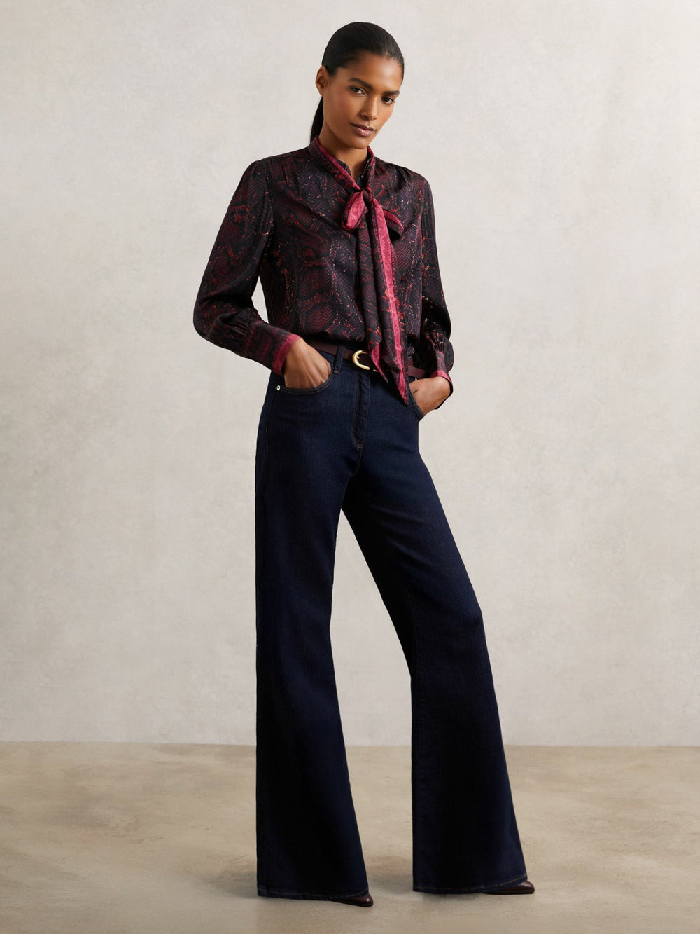 Snake-Print Tie-Neck Blouse Burgundy | Womens