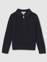 13-14 yrs Wool Waffle-Knit Half-Zip Polo Shirt Navy Blue | Children