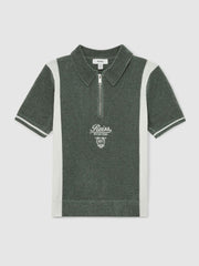 13-14 yrs Chenille Tipped Motor Cars Polo Shirt Dark Sage Green/White | Children