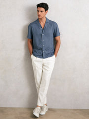 Jacquard-Stripe Cuban-Collar Shirt Airforce Blue | Mens