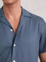 Jacquard-Stripe Cuban-Collar Shirt Airforce Blue | Mens