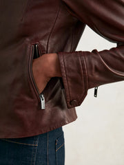 Fitted Leather Biker Jacket Burgundy | Womens