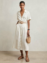 Petite Linen Belted Midi Shirt Dress Ivory | Womens