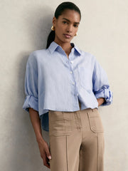 Oversize Linen Cropped Shirt Blue | Womens