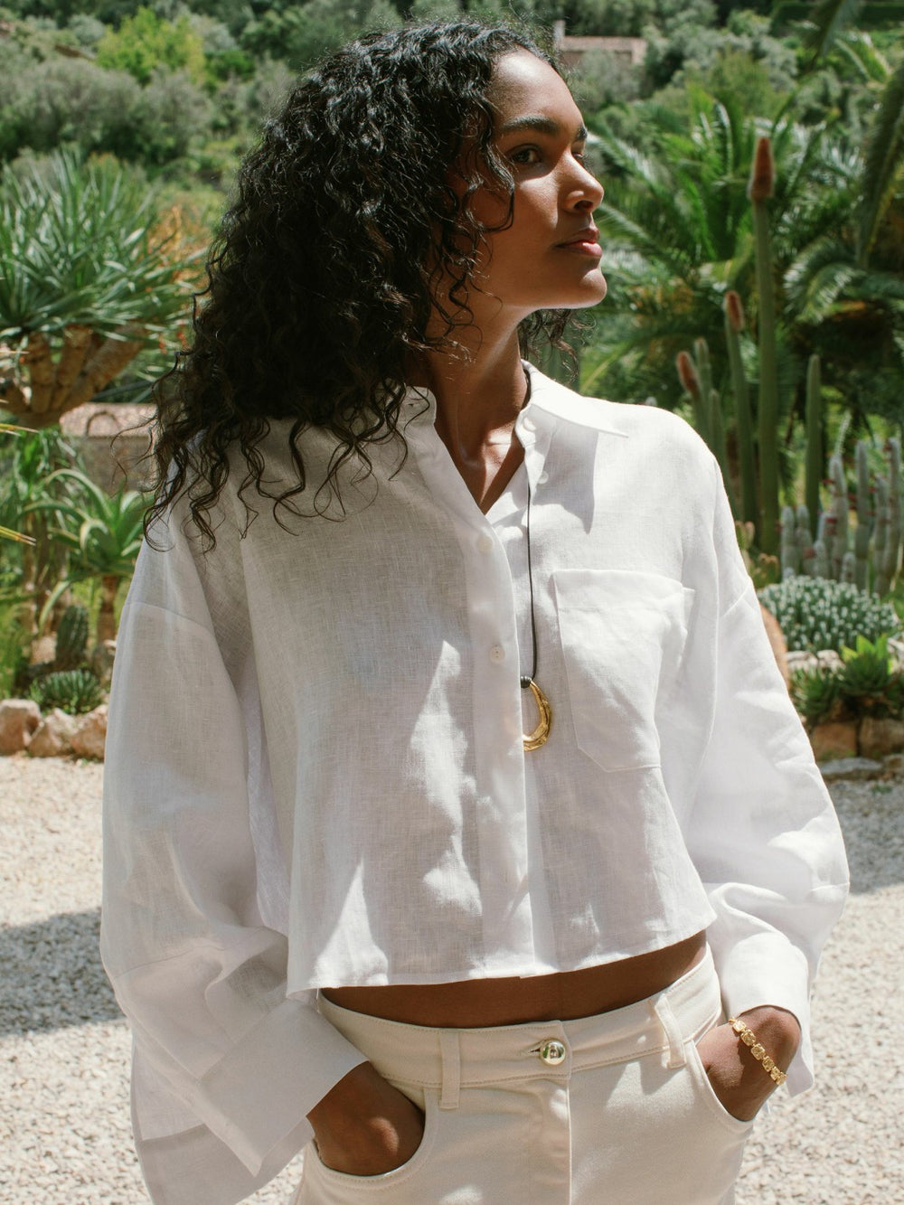 Oversize Linen Cropped Shirt White | Womens